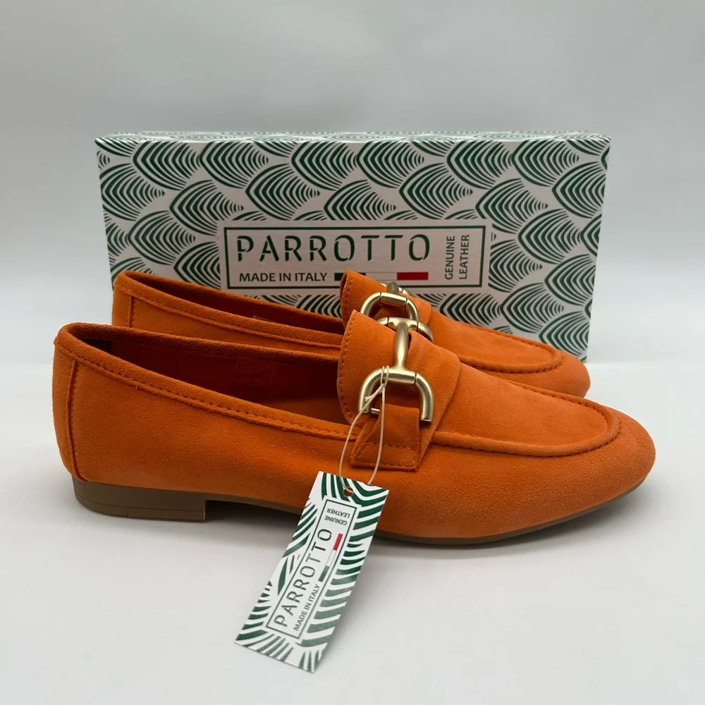 Women’s Parrotto Orange Suede Horsebit Loafers Italian Made EU 38 New In Box - Picture 11 of 11